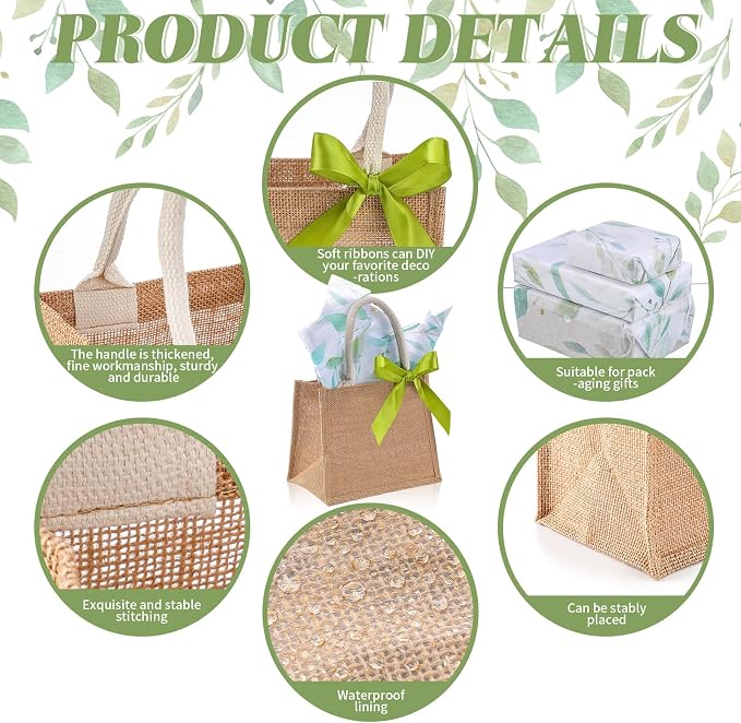Shinylin 12 Pcs Small Burlap Tote Bag Set with Handles Spring Wedding Favors Reusable Jute Tote Bag Bulk with Eucalyptus Tissue Paper and Green Ribbon Wrapping 8.7x5.5x7inch - Image 3