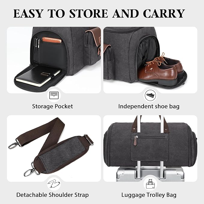 Canvas Garment Bags for Travel, Convertible Carry On Garment Duffel Bag for Men Women, 2 in 1 Suit Bag Hanging Suitcase Business Travel Bag with Shoe Compartment (Grey, L) - Image 5