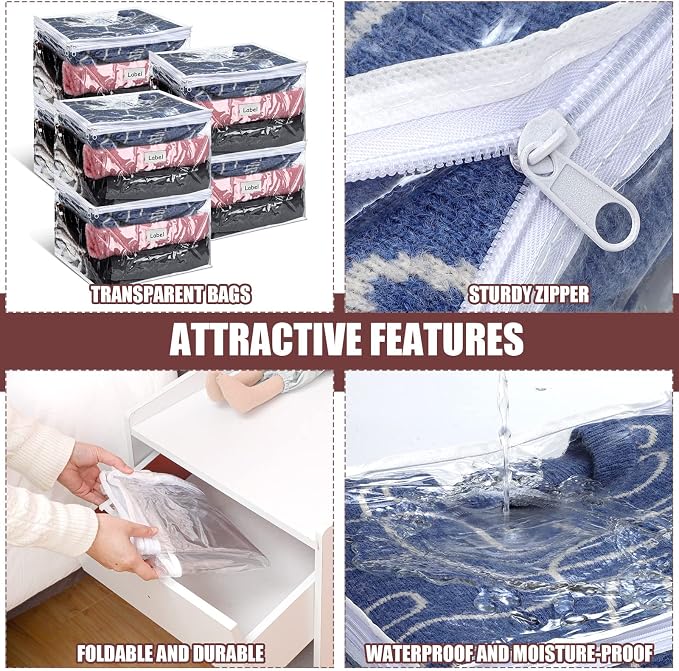 Hoolerry 6pcs Clear Zippered Storage Bag Plastic Individual Sweater Storage Bag with Zipper Label Closet Clothing Organizer for Blanket Clothes Bed Sheet Comforter Quilt Pillow(12 x 12 x 12 Inch) - Image 2