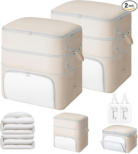 Comforter Storage Bag - 130L Blanket Storage Bags Front-opening Ultra Space Saving Self Compression Organizer, Washable Compression Bags for Storage Comforter Blanket, 2 Pack, Beige by EasortmPackingCubes