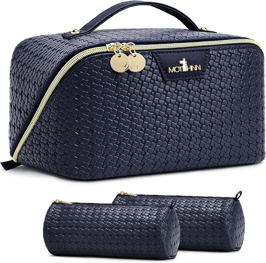 Travel Makeup Bag for Women: 3 Pcs Set Cosmetic Bags for Women - Large Capacity Vagen Leather Hand-made for Toiletry Organizer - Waterproof Ladies Travel Flat Open Essentials for Luxury (02Blue) by Unknown