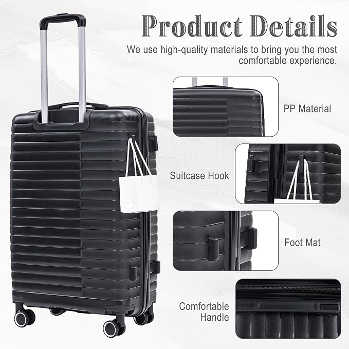 Hardshell Luggage Sets, Lightweight Stripes Suitcases with Spinner Wheels, Black-PP - Image 2