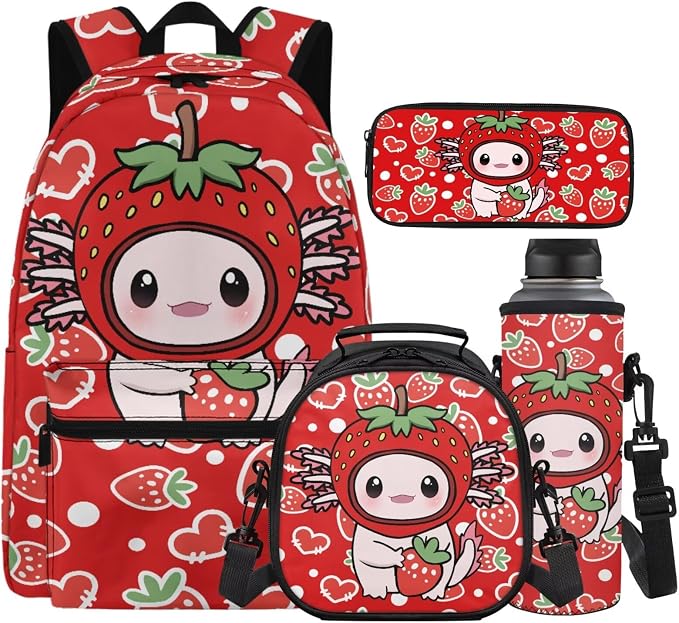 Axolotl Kids Backpack with Lunch Box for Girls Set of 4 School Bags for Girls 7-10 10-12 Strawberry Cute Elementary School Backpack for Travel Hiking Gym Small Daypack Purse by Unknown