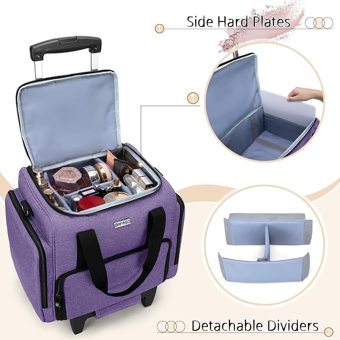 BAFASO Rolling Makeup Case with 3 Removable Pouches, Purple | with 1 Makeup Brush Bag, Professional Makeup Train Case Cosmetic Bag with Detachable Dolly (Patented). - Image 2