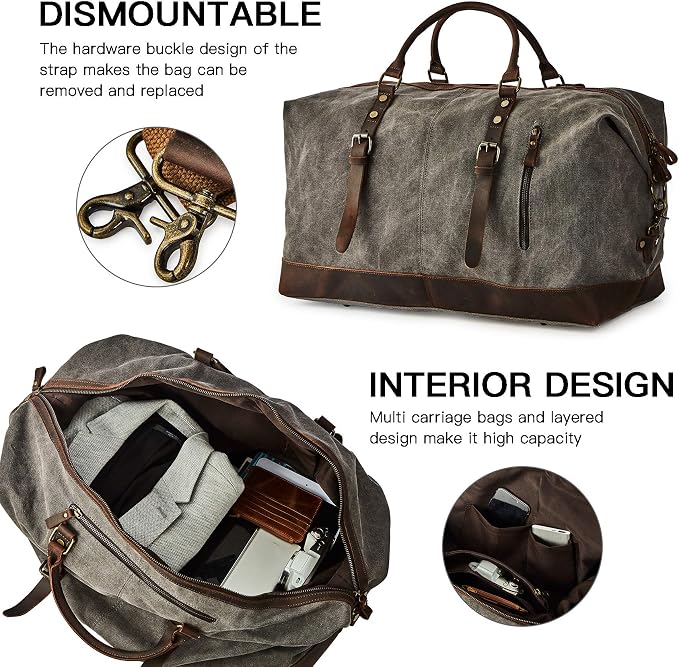 Oversized Canvas Genuine Leather Trim Travel Tote Duffel Shoulder Weekend Bag Weekender Overnight Carryon Handbag - Image 4