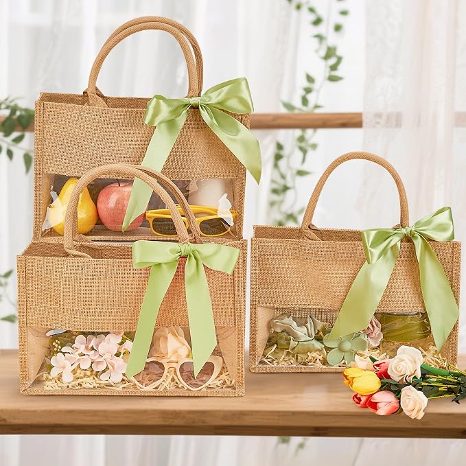 gisgfim 8 Pack Burlap Tote Bags Bachelorette Gift Bag with Clear PVC Window and Sage Green Ribbon DIY Bridesmaids Gift Bag Reusable Grocery Bags with Handle for Wedding Beach Shower Party - Image 6