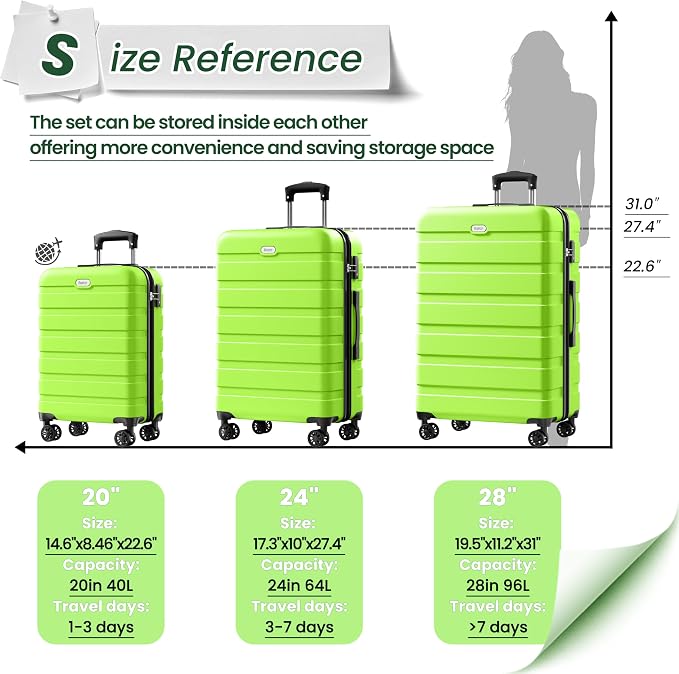 AnyZip Luggage Sets 3 Piece Hardshell Suitcase Set PC ABS Lightweight Travel Suitcases with 4 Double Spinner Wheels TSA Lock 20 24 28 Inch Apple Green - Image 3