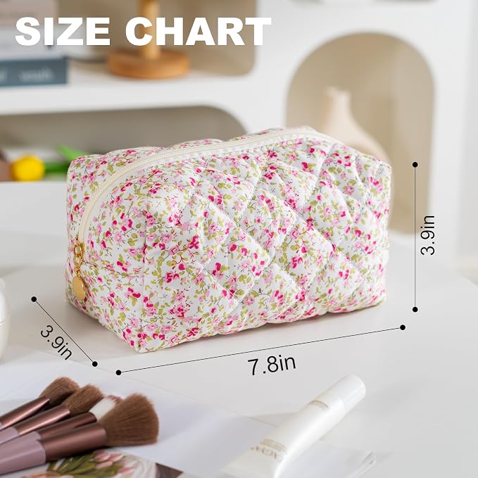 Makeup Bag Travel Toiletry Bag for Women, Small Floral Cosmetic Bags Cute Quilted Cotton Makeup Pouch for Purse Emergency Bag Pencil Case Accessory Bag, Spring - Image 4