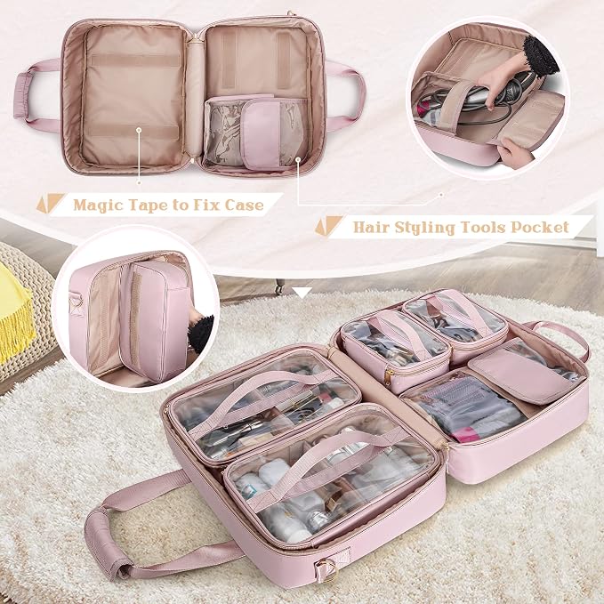 Professional Makeup Artist Bag, Large Makeup Organizer Travel Case | Makeup Bag with 4 Cosmetic Cases, Hair Tools Pocket, Makeup Kit Storage Section, Travel Organizer for Artist - Image 3