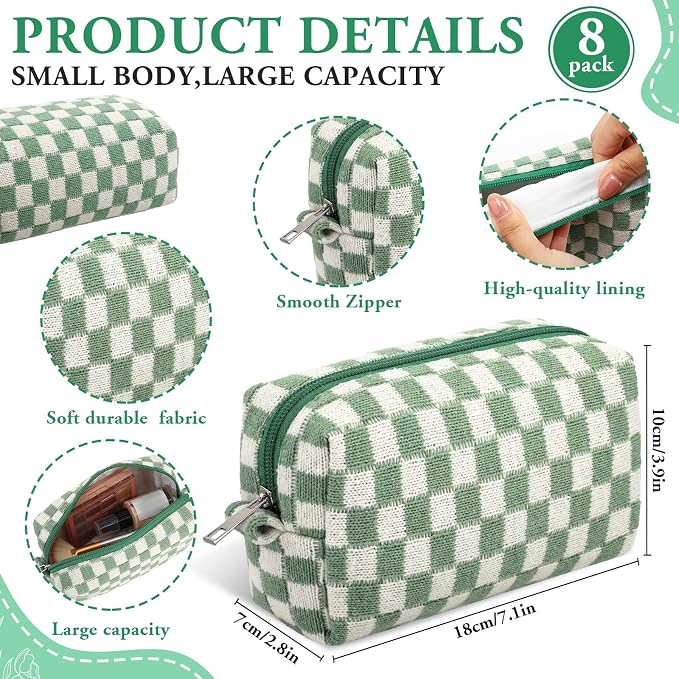 Gilprop 8 Pcs Checkered Makeup Bag for Purse Small Cosmetic Pouch Bulk Portable Zipper Makeup Pouch Travel Toiletry Organizer Gifts for Women Bridesmaid Wedding Party Favors (Green) - Image 2