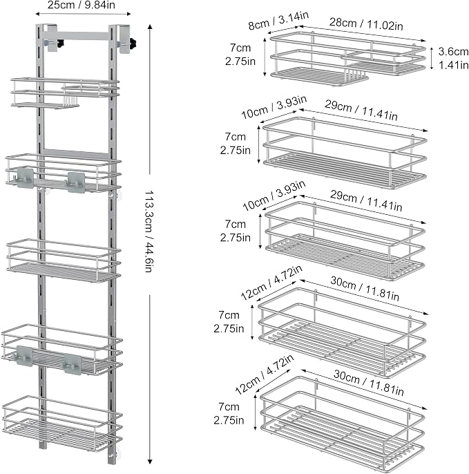 Orimade Over the Door Shower Caddy Adjustable 5 Tier Silver Grey,Bathroom Hanging Organizer Shelf Rustproof with 4 Hooks,Shower Basket with Soap Holder and Suction Cup - Image 8
