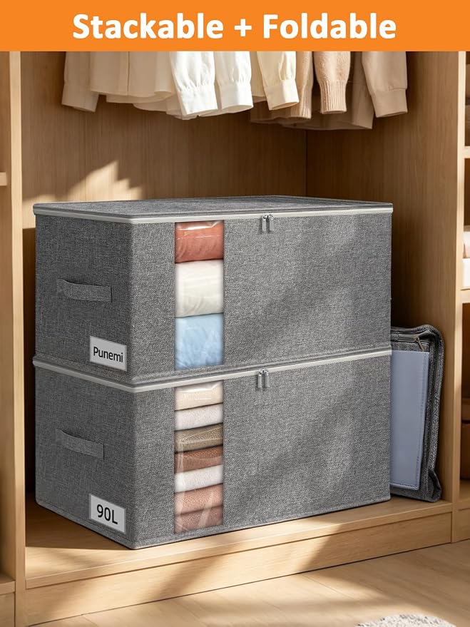 punemi King Size Comforter Storage Bag w/Sturdy Structure, 90L Extra Large Blanket Storage Bag for Bedding, Pillows, Quilts&Duvets, Stackable Closet Organizer with Clear Window,25.6x17.3x11.8in,Gray - Image 4
