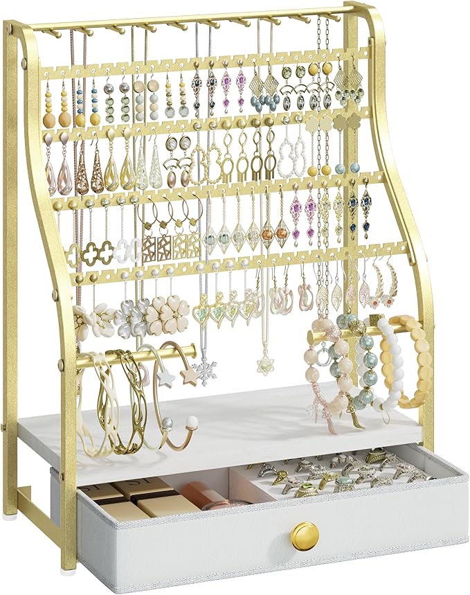 SWTYMIKI Earring Holder Organizer - Jewelry Organizer Stand with Necklace Hooks, Watch Rods, Nonwoven Drawer, Large Capacity Jewelry Display for Stud Earring Bracelet Necklace Ring, Gold by SwtyMiki-TidyHomeSweetLife