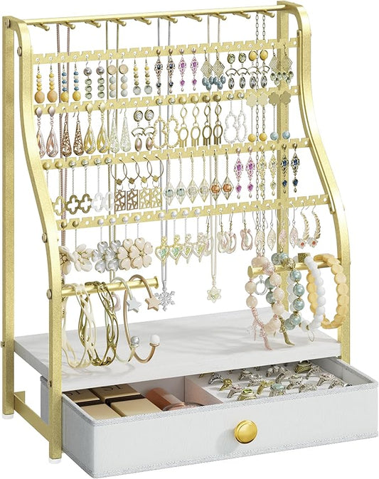SWTYMIKI Earring Holder Organizer - Jewelry Organizer Stand with Necklace Hooks, Watch Rods, Nonwoven Drawer, Large Capacity Jewelry Display for Stud Earring Bracelet Necklace Ring, Gold by SwtyMiki-TidyHomeSweetLife