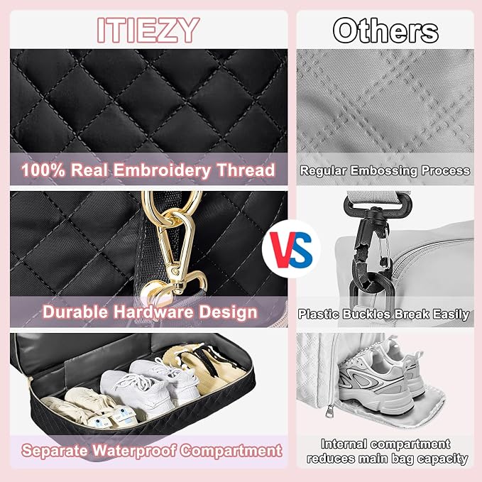 Graduation Birthday Gift for Her, Personalized Initial Weekender Bag for Women 45L Travel Duffle Carry On Quilted, 3PCS Overnight with Cosmetic & Toiletry Bag, Shoe Compartment, Gym Dance Bag for Girl - Image 5