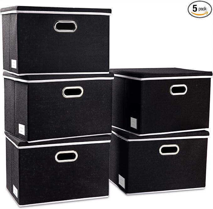 PRANDOM Extra Large Collapsible Storage Bins with Lids [5-Pack] Linen Fabric Foldable Storage Baskets Boxes Organizer Containers Cube with Cover for Bedroom Closet Office Nursery (22.8x15.75x13.8) by Prandom