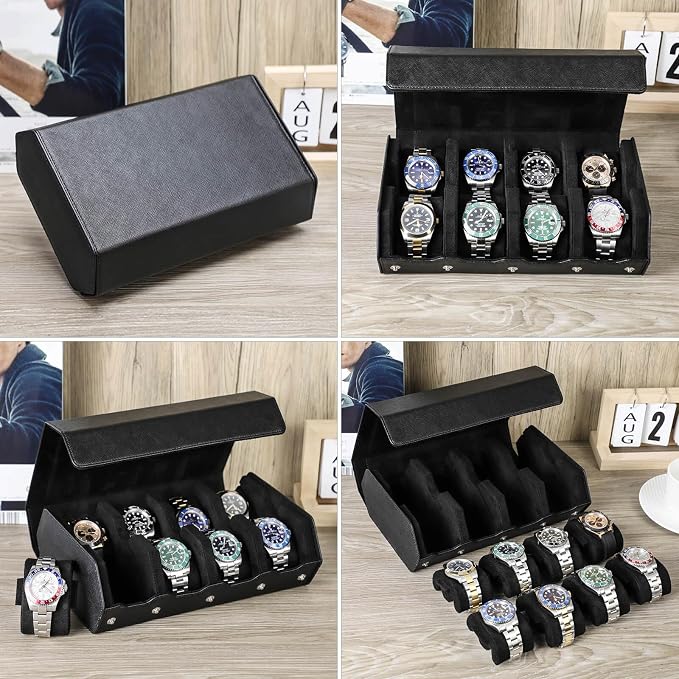 Hiram Genuine Leather Hexagon Watch Roll Travel Case, Leather 8-Watches Roll Case with Removable Pillow Cushion for Treasured Watches and Bracelets-Black - Image 7