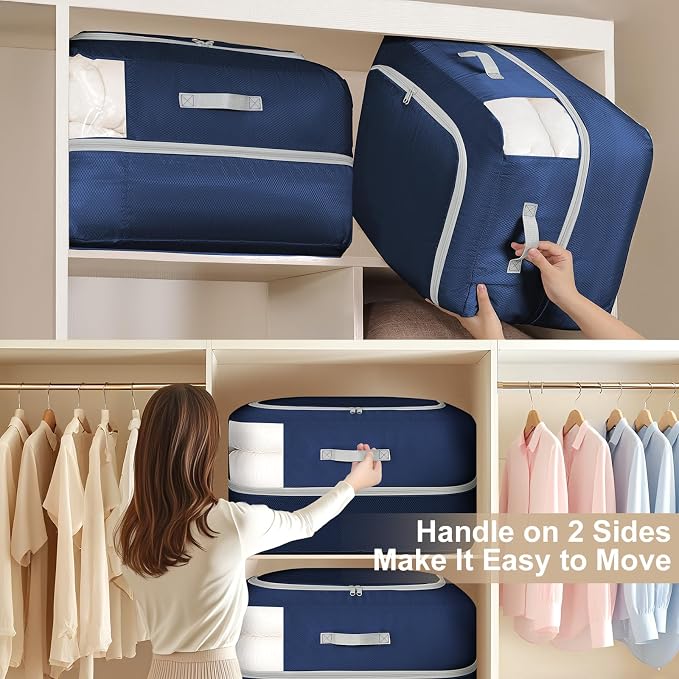Comforter Storage Bag - 110L Large Capacity Blanket Storage Bags Ultra Space Saving Self Compression Organizer, Washable Compression Bags for Storage Comforter Blanket, 4-Pack, Navy Blue - Image 5