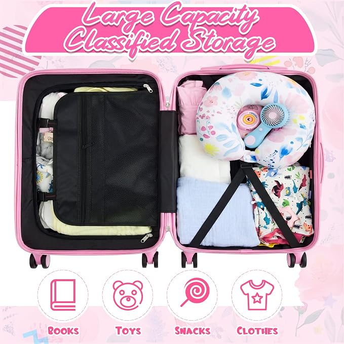Sanwuta 4 Pcs Kids Luggage Set Back to School Gifts for Girls Boys Carry On Rolling Suitcase Backpack Neck Pillow Travel Set(18 Inch,Flower Style,Pink Green) - Image 7