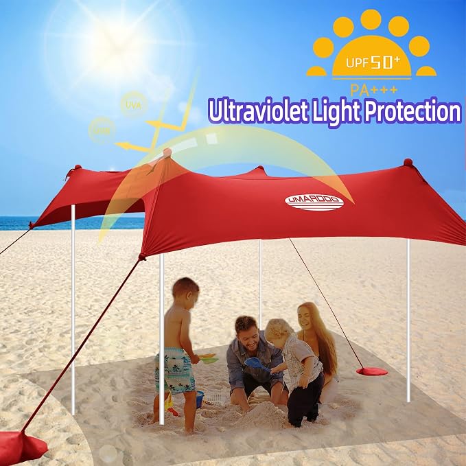 UMARDOO Family Beach Tent Canopy Sun Shade Portable, Large Compact Beach Sun Shelter Easy Setup with Packable Bag for Outdoor Travel (Red, 10X10 FT. 4Poles) - Image 3