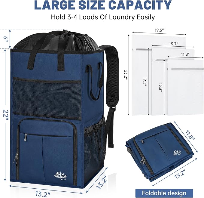 170L Laundry Backpack Bag with 3 Sizes Mesh Wash Bags Empty, Extra Large 2 in 1 Laundry Hamper Basket with Shoulder Straps, Freestanding Laundry Bag for College Dorm, Laundromat, Apartment (Blue) - Image 3