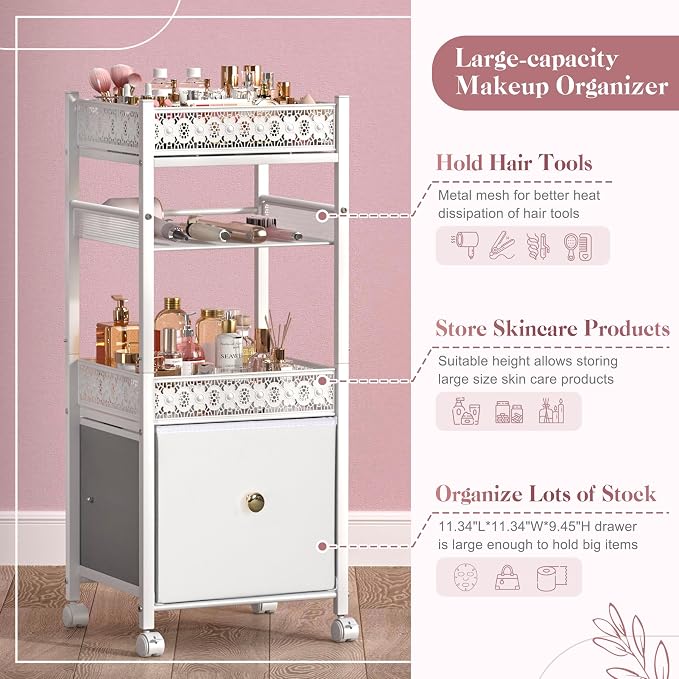 Makeup Organizer, Large Skincare Organizers, Make Up Organizers for Vanity, Makeup Storage Cosmetic Organizer with Drawer, Bathroom Vanity Organizer Makeup Holder Cart for Skin Care Hair Tool Beauty - Image 3