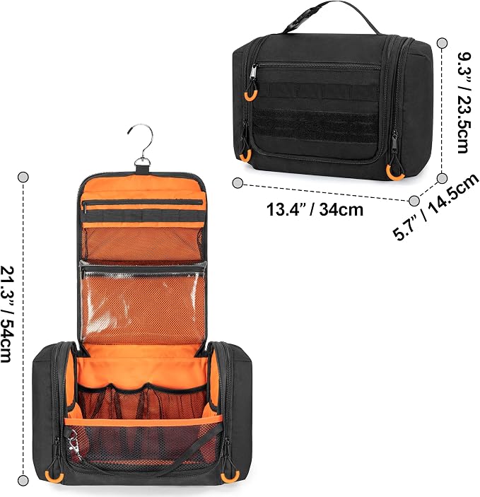 Tactical Toiletry Travel Bag for Men, Hanging Dopp Kit Hygiene Bag Shower Organizer with Hook for Toiletries and Shaving Care, Black (Empty Bag) - Image 7