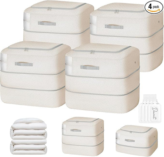 Comforter Storage Bag - 110L Large Capacity Blanket Storage Bags 2-Layer Ultra Space Saving Self Compression Organizer, Washable Compression Bags for Storage Comforter Blanket, 4-Pack, Beige by EasortmPackingCubes