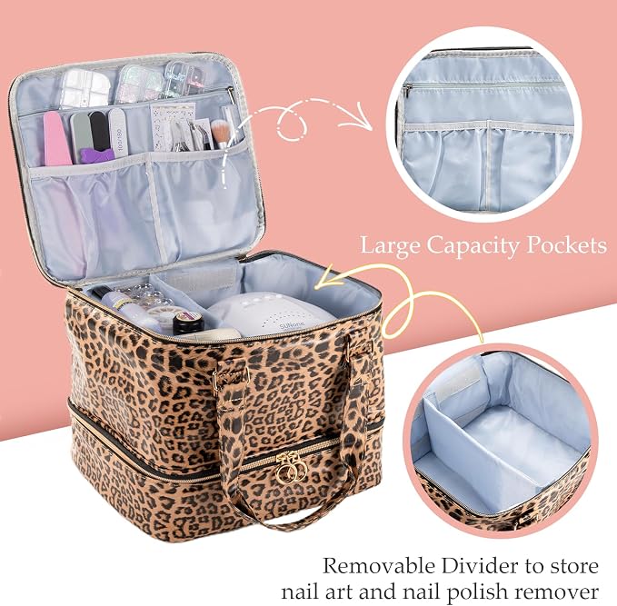 Uross Nail Polish Organizer Bag Holds 42 Bottles Nail Polish & Nail Lamp, Gel Nail Polish Organizers and Storage box for Nail Tech, Nail Kit Supplies Organizer Case - Leopard - Image 5