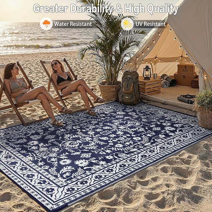 PureCozy Outdoor Waterproof 9x12 Plastic Straw Patio Rug Navy Blue Reversible for Outside Vintage Oriental Carpet Lightweight Large Rug for RV Deck Beach Balcony Picnic Backyard Entry Porch - Image 5