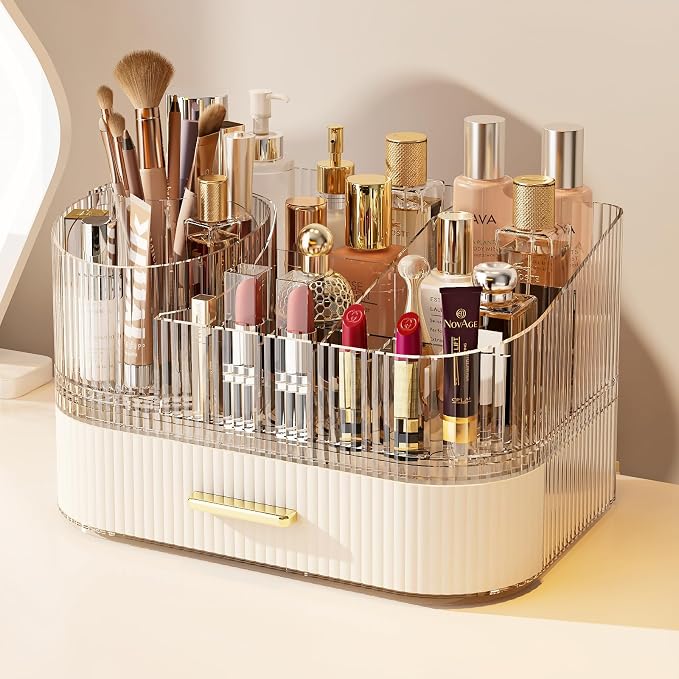 Makeup Organizer with 360° Rotating Brush Holder and Stackable Drawers, Cosmetic Display Case for Vanity, Bathroom Countertop (White, 2 Layer) by Unknown