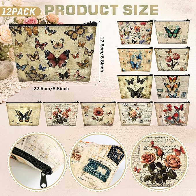 Sweetude 12 Pcs Vintage Butterfly Makeup Bag Bulk Retro Butterfly Flower Travel Cosmetic Bag with Zipper Waterproof Roomy Travel Toiletry Organizer Storage Pouch for Women Butterflies Lover Gift - Image 3