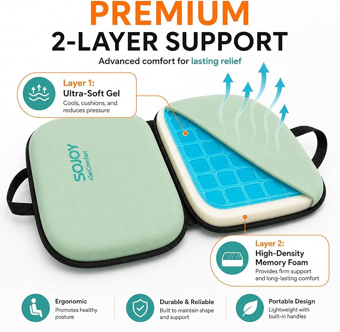 Sojoy 3-in-1 Foldable Gel Seat Cushion with Memory Foam Ergonomic Portable Cushion for Back Pain & Tailbone Relief - Perfect for Office Chair, Airplane Travel & Stadium Seats (18.5" x 15" x 2" Green) - Image 3