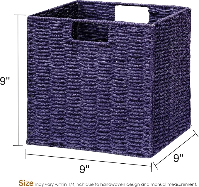 Vagusicc Wicker Storage Basket, Set of 2 Hand-Woven Paper Rope Wicker Basket, Foldable Cube Storage Bins, 9 inch Square Storage Baskets for Organizing Shelves & Decor, Purple (9″×9″×9″) - Image 5