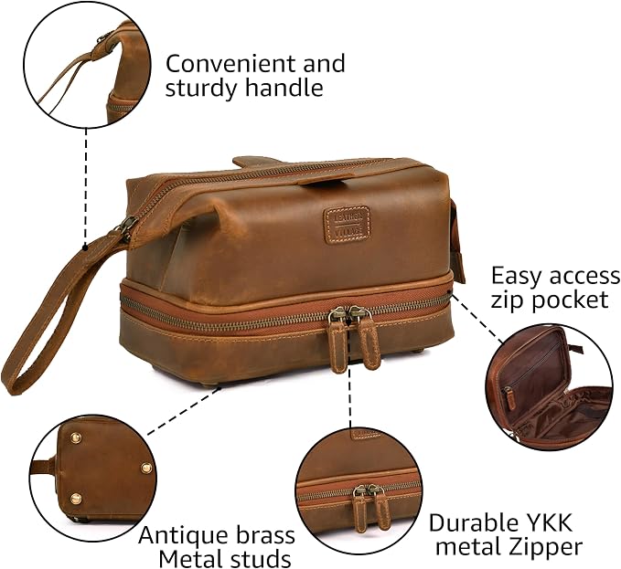 LEATHER VILLAGE Genuine Leather Dopp Kit – Large Travel Toiletry Bag with Waterproof Lining, Dual-Zip Design for Men & Women, Organizer for Shaving, Makeup & Essentials - Tan - Image 3
