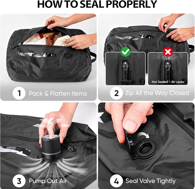 Vacuum Travel Bags With 5500Pa Wired Pump, Vacuum Luggage Bags for Clothes, Compression Bags for Travel, IP68 Waterproof Space Saver Packing Cubes for Suitcase, Backpack & Home Storage (2 Pack + Pump) - Image 4