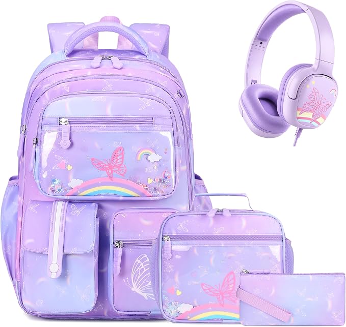 ACESAK Kids Backpack for Girls, Rainbow Backpack Set with Over-ear headphones, Lunch Bag Set for School, Girls Backpack for Elementary Middle school Teen Student(Purple) by ACESAK