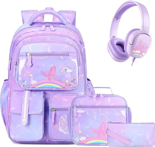 ACESAK Kids Backpack for Girls, Rainbow Backpack Set with Over-ear headphones, Lunch Bag Set for School, Girls Backpack for Elementary Middle school Teen Student(Purple) by ACESAK