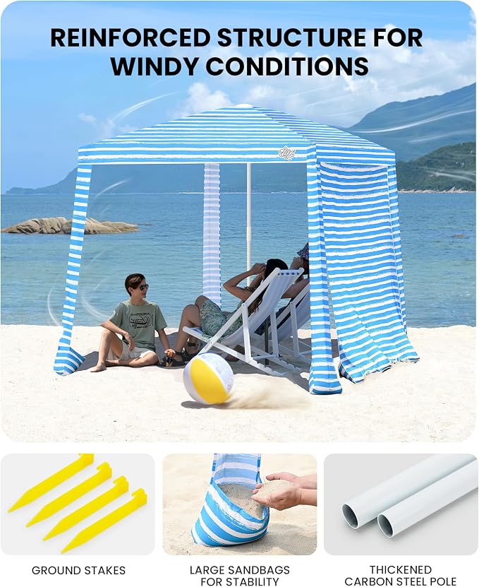 Qipi Beach Cabanas for Sand, Beach Canopy with Sandbags & Side Wall for Family, Easy Set Up Sun Shelter, UPF 50+ UV Protection with Roof Vent - Image 5