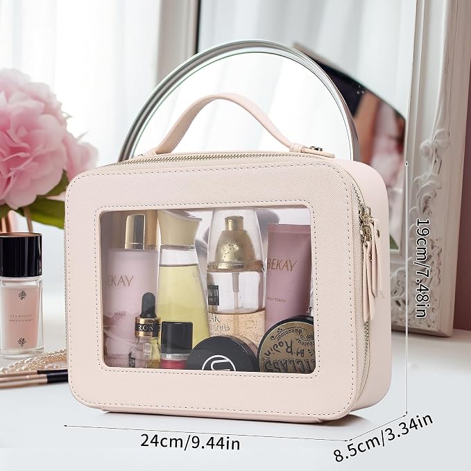 Pinkmik Clear Makeup Bag for Women Waterproof Travel Cosmetics and Toiletries Case Portable Makeup Oaganizer Bag Clear Car Bag with Zipper (Beige, L) - Image 3