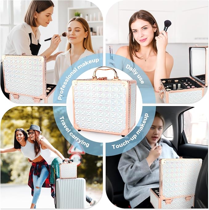 Makeup Case with LED Mirror, Portable Lockable Vanity Case, Travel Makeup Train Box for Women, Cosmetic Organizer, Detachable 3-Color Lighted Mirror, Adjustable Dividers, Brush Holder - Image 7