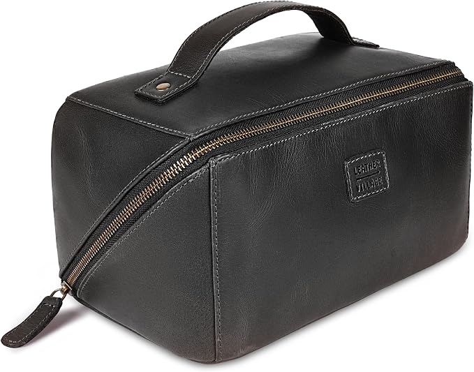 LEATHER VILLAGE Genuine Leather Travel Dopp Kit for Men & Women – Open Flat Large Capacity Cosmetic Bag with Water-Resistant Lining – Skin Care, Brushes, Shaving & Bathroom Essentials Organizer- Black by LeatherVillage