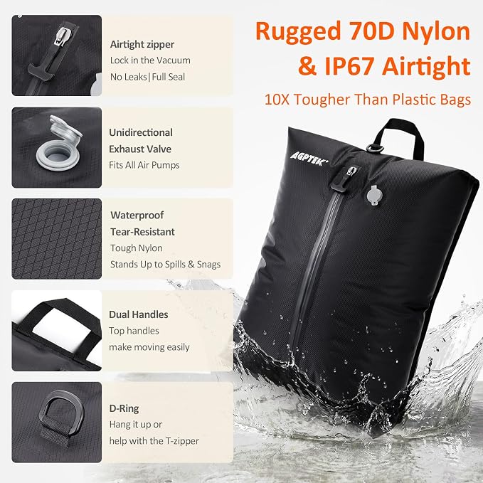 AGPTEK Travel Vacuum Bags with Mini Pump, IP67 Waterproof 2PCS Compression Bags for Carry on Luggage and Backpack, Electric Air Pump with 5 Nozzles & LED Light, Vacuum Seal Packing Cubes for Clothes - Image 4