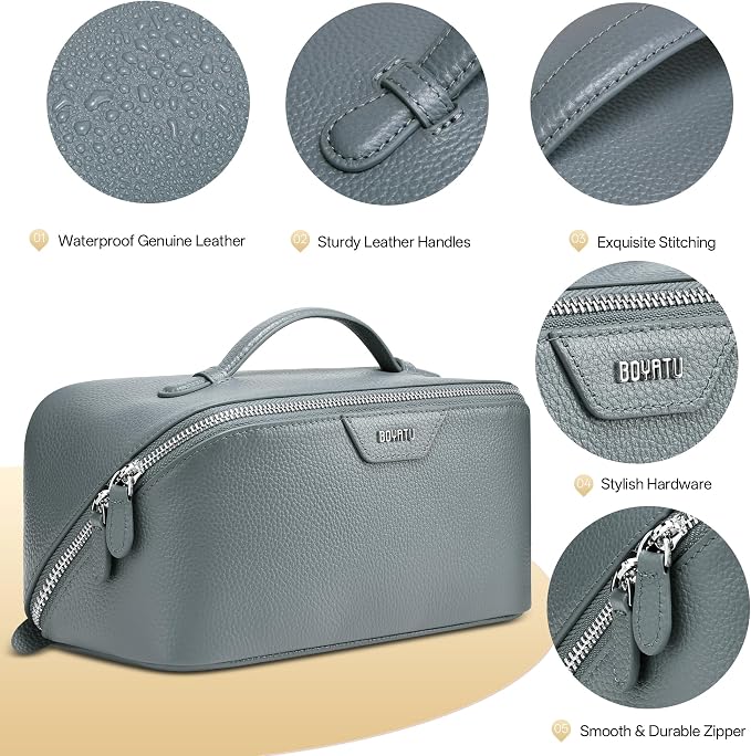 BOYATU Genuine Leather Travel Makeup Bag: Large Capacity 3 Pcs Set Cosmetic Bags for Women - Designer Waterproof Hand-made for Toiletry Organizer - Ladies Travel Essentials for Elegance (03Blue) - Image 4