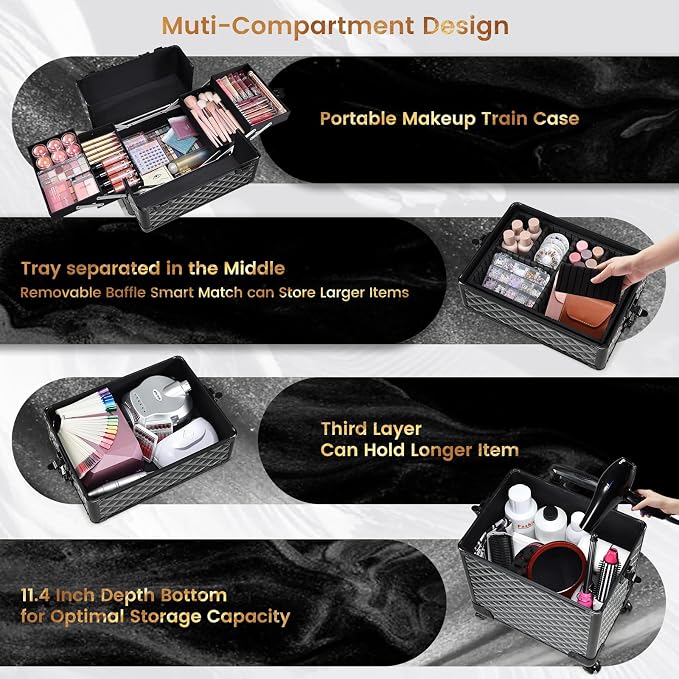 Stagaint Rolling Makeup Case 4 IN 1 Cosmetology Case on Wheels Salon Case | Makeup Organizer Box with Wheels Cosmetic Travel Case Nail Tech Storage Traveling Trunk Box All-Black Diamond - Image 2