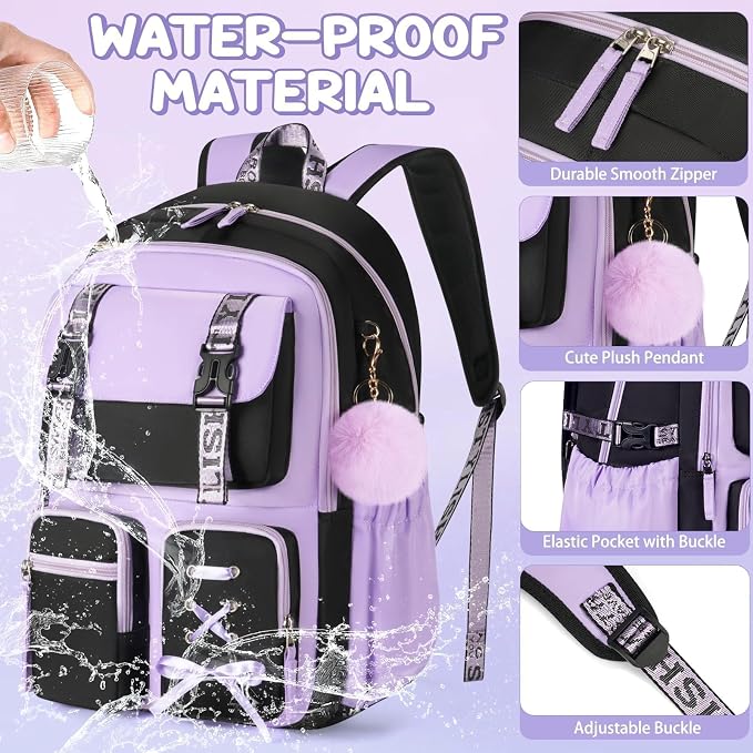 Fimibuke Backpack for Girls, 3 PCS Waterproof Girls Backpack with Lunch Box & Pencil Case, Kid Backpacks for Teen Girl Kindergarten Elementary Middle High School Student Back to School Kid Bookbag Set - Image 4