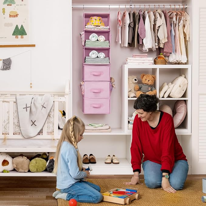 GRANNY SAYS Hanging Closet Organizer 6-Shelf, Separable to 2 Pack 3-Shelf Closet Storage Organizer with 4 Side Pockets, 3 Different Drawers, Portable Hanging Shelves for Baby Clothes, Sweater, Pink - Image 2