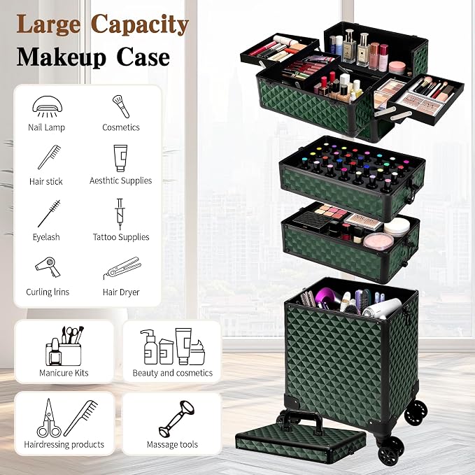 5 in 1 Rolling Makeup Train Case on Wheels Large Cosmetic Organizer Travel Cart for Women Beauty Salon Barber Hairstylist Green - Image 2