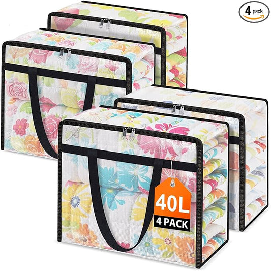 Clear Under Bed Storage Containers - 4 Pack Large Capacity Clothes Storage Bags with Lid & Sturdy Handles, Foldable Moving Bags, Clothing Organizer Totes for Bedding, Comforter, Sheet（40 L） by Unknown