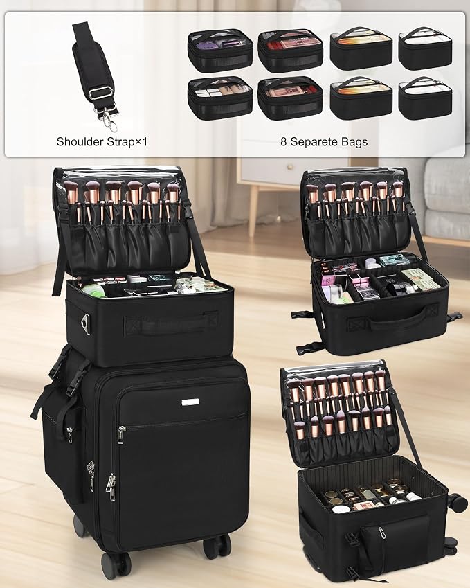 Relavel Rolling Makeup Case Professional Makeup Train Case, Rolling Makeup Kit Bag Makeup Artist Travel Bag with Wheels, Portable Travel Beauty Trolley Case for Cosmetology Storage(Black) - Image 2